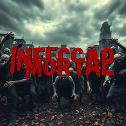 A captivating horror scene featuring a horde of terrifying zombies with decaying flesh, tattered clothes, and menacing expressions, surrounding a dark and eerie abandoned city