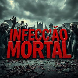 A captivating horror scene featuring a horde of terrifying zombies with decaying flesh, tattered clothes, and menacing expressions, surrounding a dark and eerie abandoned city