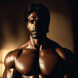 Situate the tall, muscular Indian man in a sparse, dramatically lit, dark environment.