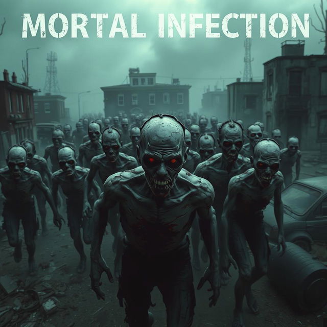 A chilling scene titled 'Mortal Infection' featuring a horde of terrifying zombies in a dark, post-apocalyptic setting