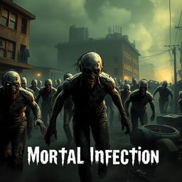 A chilling scene titled 'Mortal Infection' featuring a horde of terrifying zombies in a dark, post-apocalyptic setting