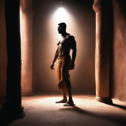 Situate the tall, muscular Indian man in a sparse, dramatically lit, dark environment.