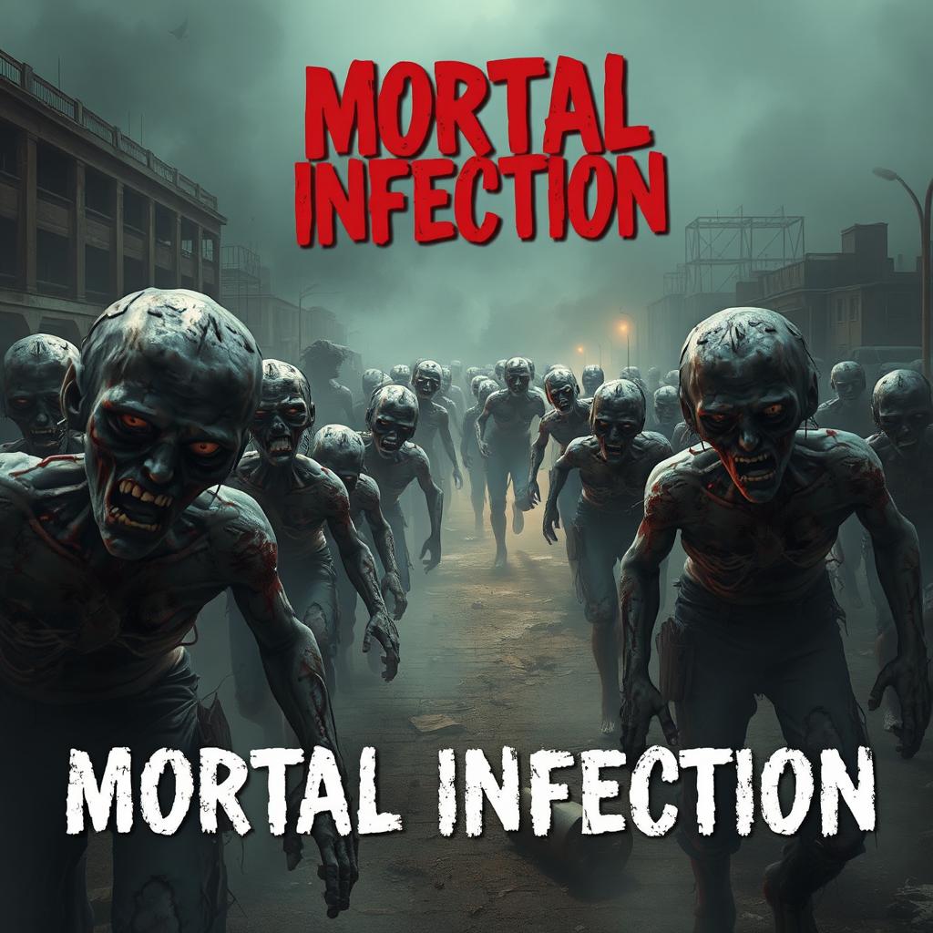 A chilling scene titled 'Mortal Infection' featuring a horde of terrifying zombies in a dark, post-apocalyptic setting