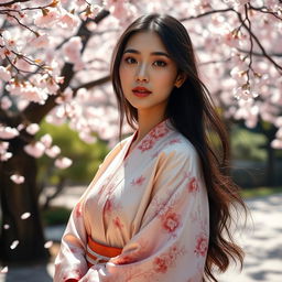 A stunning portrait of an Asian woman with long, flowing black hair, wearing a traditional silk kimono adorned with intricate floral patterns