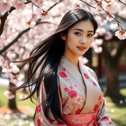 A stunning portrait of an Asian woman with long, flowing black hair, wearing a traditional silk kimono adorned with intricate floral patterns