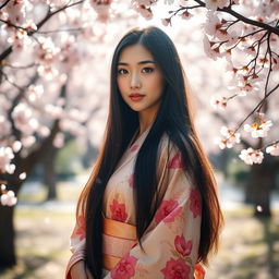 A stunning portrait of an Asian woman with long, flowing black hair, wearing a traditional silk kimono adorned with intricate floral patterns