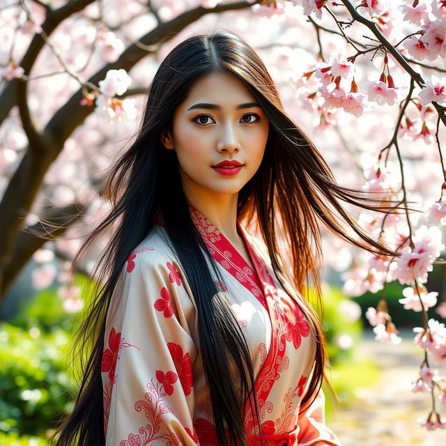 A stunning portrait of an Asian woman with long, flowing black hair, wearing a traditional silk kimono adorned with intricate floral patterns