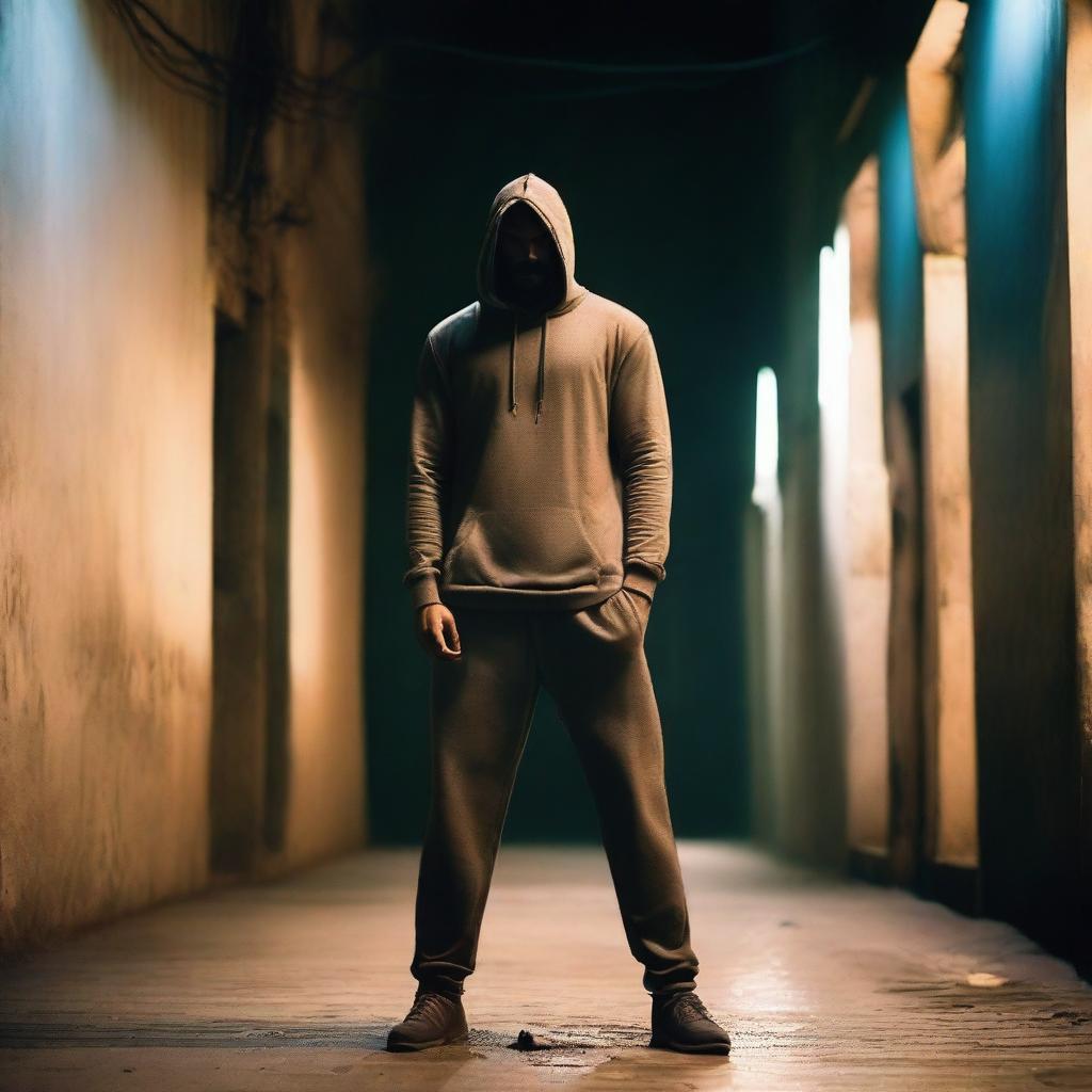 Dress the tall, muscular Indian man in oversized pants and a loose-fitting hoodie, set against the darkly-lit environment.