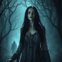 A chilling horror scene featuring a woman named 'Infectious Mortal', infused with eerie elements