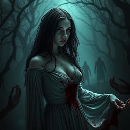 A chilling horror scene featuring a woman named 'Infectious Mortal', infused with eerie elements