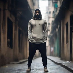 Dress the tall, muscular Indian man in oversized pants and a loose-fitting hoodie, set against the darkly-lit environment.