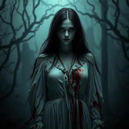 A chilling horror scene featuring a woman named 'Infectious Mortal', infused with eerie elements