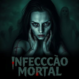 A haunting image of a woman with a ghastly expression, surrounded by an eerie, dark atmosphere
