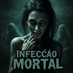 A haunting image of a woman with a ghastly expression, surrounded by an eerie, dark atmosphere
