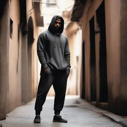 Dress the tall, muscular Indian man in oversized pants and a loose-fitting hoodie, set against the darkly-lit environment.