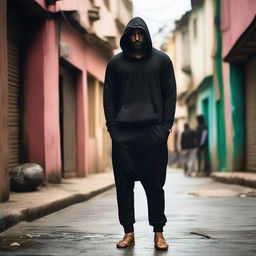 Dress the tall, muscular Indian man in oversized pants and a loose-fitting hoodie, set against the darkly-lit environment.