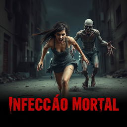 A terrifying scene of a woman running away from a menacing zombie in a dark, desolate urban environment