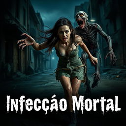 A terrifying scene of a woman running away from a menacing zombie in a dark, desolate urban environment