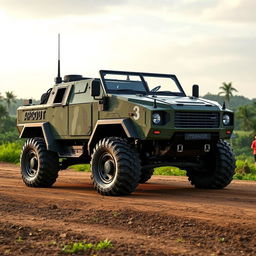 A six-wheeled armored vehicle designed specifically for the Indonesian terrain, featuring a robust and rugged build
