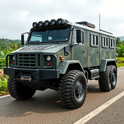 A six-wheeled armored vehicle designed specifically for the Indonesian terrain, featuring a robust and rugged build