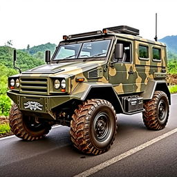 A six-wheeled armored vehicle designed specifically for the Indonesian terrain, featuring a robust and rugged build