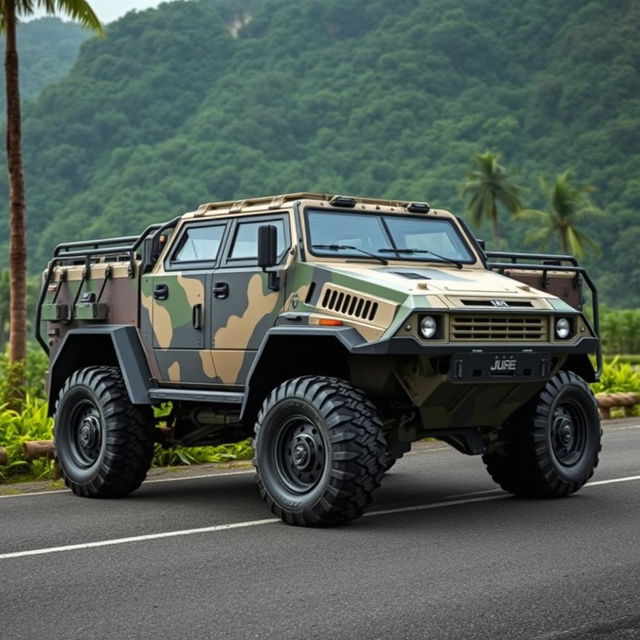 A six-wheeled armored vehicle designed specifically for the Indonesian terrain, featuring a robust and rugged build