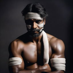 Add bandages wrapped around the face of the muscular Indian man dressed in loose clothing within the dark environment.