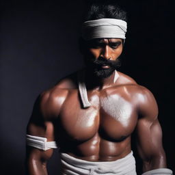 Add bandages wrapped around the face of the muscular Indian man dressed in loose clothing within the dark environment.