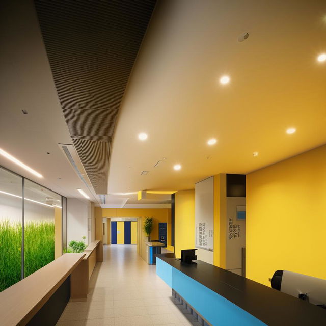 Design a receptionist building for a public service information system, connected to a corridor leading to a classroom area