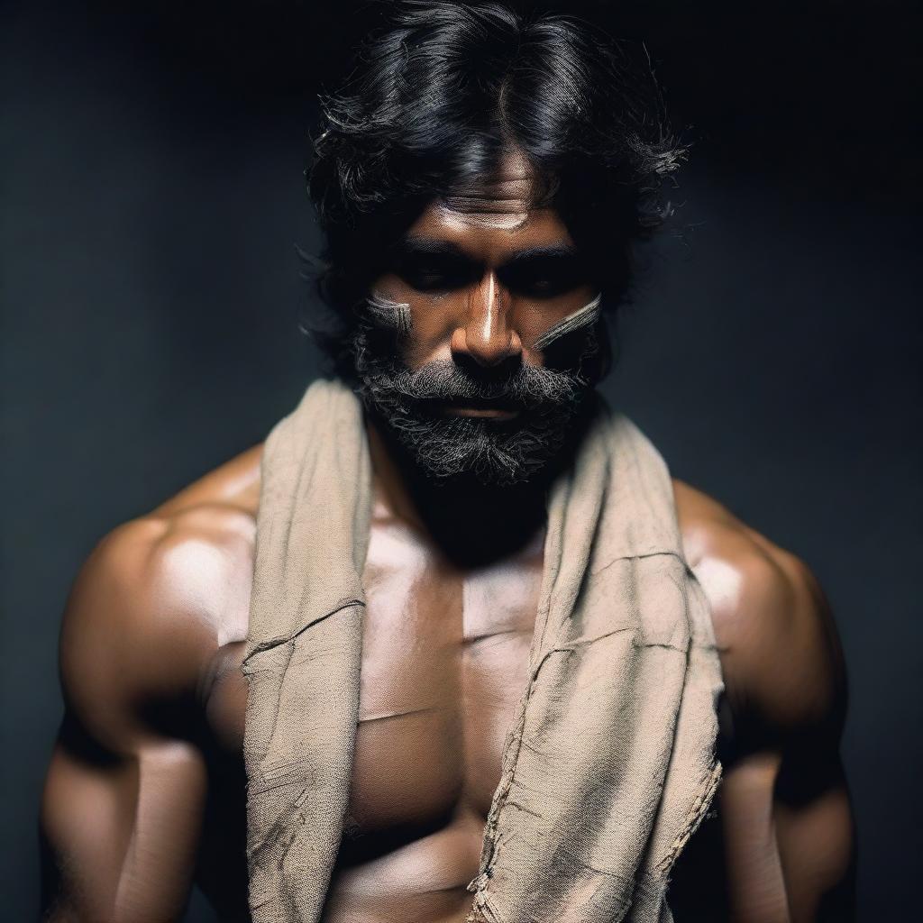 Add bandages wrapped around the face of the muscular Indian man dressed in loose clothing within the dark environment.