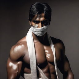 Add bandages wrapped around the face of the muscular Indian man dressed in loose clothing within the dark environment.