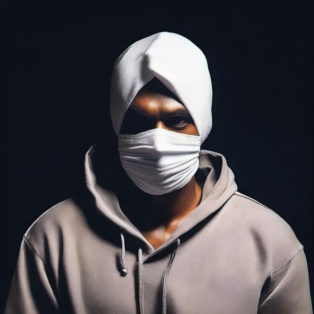 Return the loose hoodie and pants to the Indian man with bandages on his face, in a dark setting.