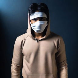 Return the loose hoodie and pants to the Indian man with bandages on his face, in a dark setting.