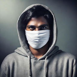 Return the loose hoodie and pants to the Indian man with bandages on his face, in a dark setting.