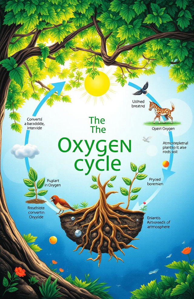 A detailed and engaging illustration of the oxygen cycle, showcasing the different stages