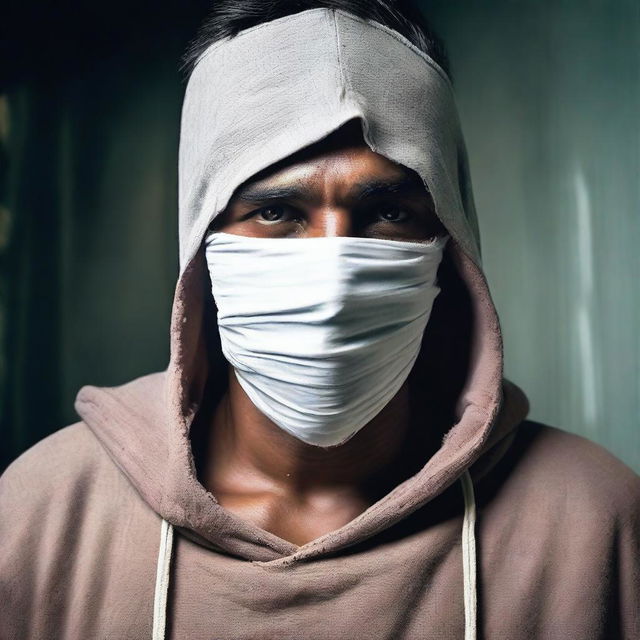 Return the loose hoodie and pants to the Indian man with bandages on his face, in a dark setting.