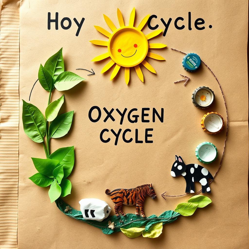 A creative and artistic handmade cover page design for the oxygen cycle project, using innovative recycling ideas