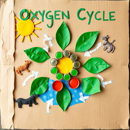 A creative and artistic handmade cover page design for the oxygen cycle project, using innovative recycling ideas