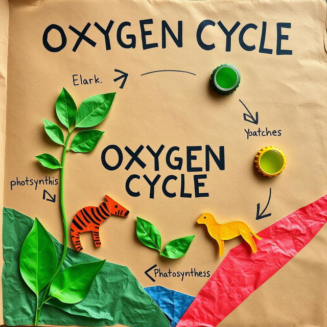 A creative and artistic handmade cover page design for the oxygen cycle project, using innovative recycling ideas