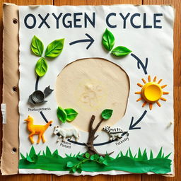 A creative and artistic handmade cover page design for the oxygen cycle project, using innovative recycling ideas
