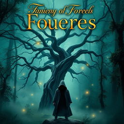 A captivating novel cover featuring a mystical forest shrouded in fog, with an ancient tree at the center, its branches twisting and intertwining to create an enchanting archway