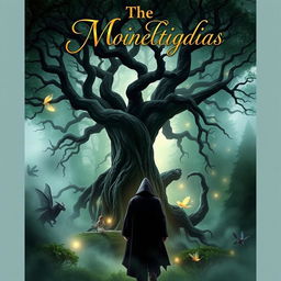 A captivating novel cover featuring a mystical forest shrouded in fog, with an ancient tree at the center, its branches twisting and intertwining to create an enchanting archway