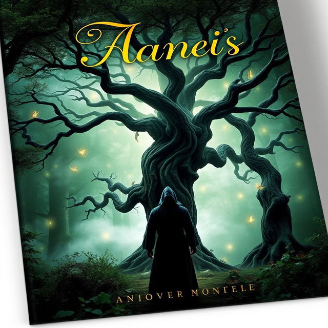 A captivating novel cover featuring a mystical forest shrouded in fog, with an ancient tree at the center, its branches twisting and intertwining to create an enchanting archway