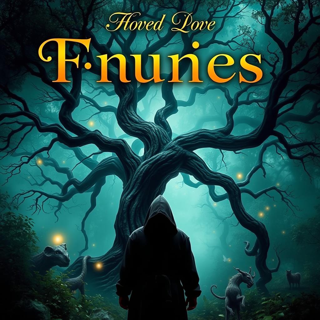 A captivating novel cover featuring a mystical forest shrouded in fog, with an ancient tree at the center, its branches twisting and intertwining to create an enchanting archway