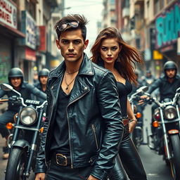 A thrilling and intense scene depicting the legendary motorcycle gang 'Blood Ravens' in a vibrant urban setting