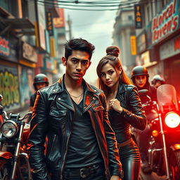 A thrilling and intense scene depicting the legendary motorcycle gang 'Blood Ravens' in a vibrant urban setting