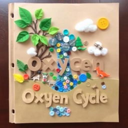 An exceptionally creative handmade cover page design for the oxygen cycle project, emphasizing innovation with the use of waste materials
