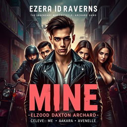 A dramatic and captivating book cover design for 'Mine - Ezra Daxton Archard', showcasing the legendary motorcycle gang 'Blood Ravens'