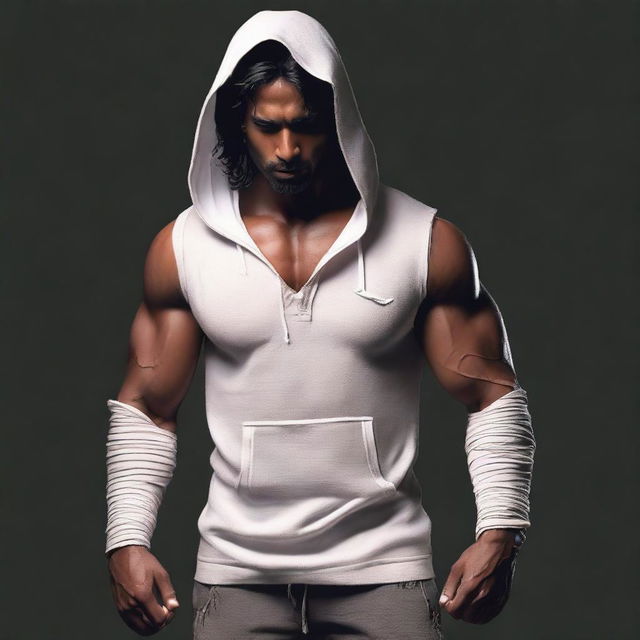 Alter the man's hoodie to appear torn and rugged, enhancing the presence of the bandaged, muscular Indian man set against a dark backdrop