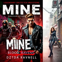 A dramatic and captivating book cover design for 'Mine - Ezra Daxton Archard', showcasing the legendary motorcycle gang 'Blood Ravens'